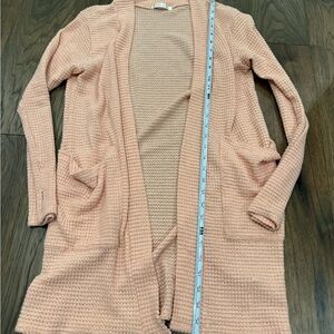 Blakeley Lola Waffle Knit Open Front Cardigan Peach Coral with Pockets
